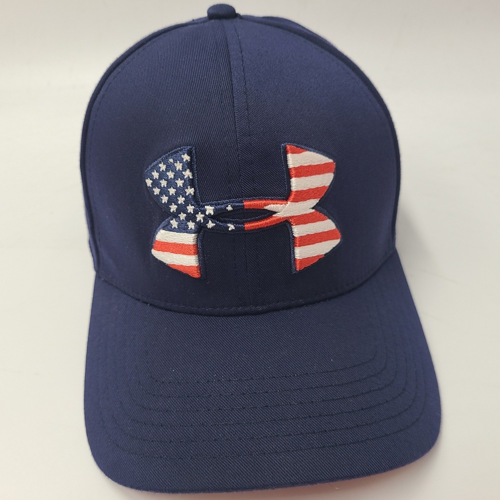Under Armour Hat Fitted M-L Blue Red American Flag Logo USA Golf Casual Logo Men